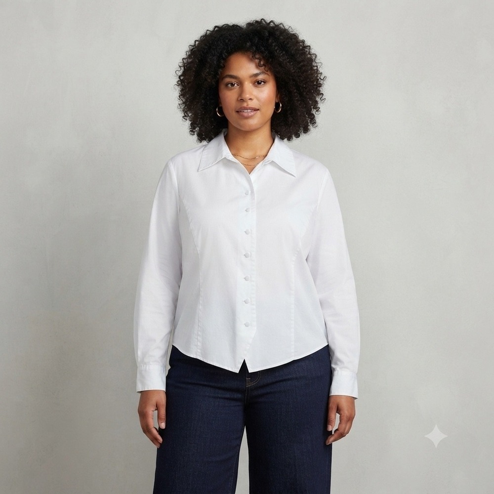 Vtg Dana Buchman Blouse Wms 16 White Cotton Button Up Pointed Hem Classic
